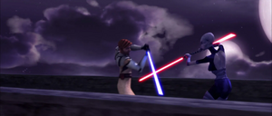 Ventress uses her saberstaff against Kenobi.