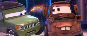 “Ah! He's little excited, isn't he?” - Axlerod frames Mater for leaking oil, which ironically became a contributing factor to his downfall, as well.