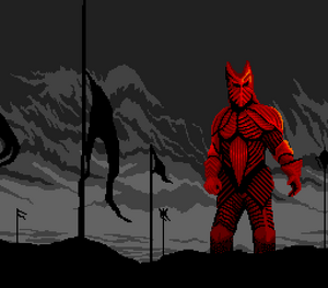 Drcaula standing on the battlefield wearing his 15th century knight armor as seen in on the SNES videogame.