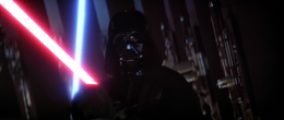 Overwhelmed by Vader's strength, Skywalker was rapidly driven back through the corridor.