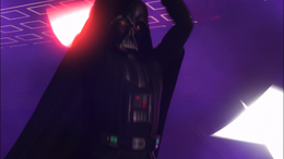 Vader raises his lightsaber in the air preparing to strike.