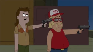 Delbert holding Robby at gunpoint.