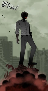 Engen on top a mountain of bodies.