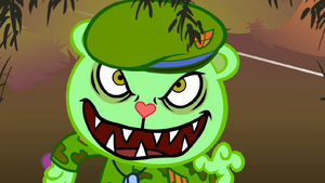 Fliqpy's scary, sharped-toothed grin as he prepares to kill everyone during his birthday.