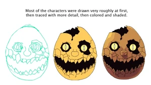 Golden Flumpty in an image showing how the characters drawings were made as it appears in the old version of One Night at Flumpty's developer commentary.