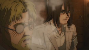 Zeke and Eren try to justify the Raid on Liberio to the angered Hange and Levi.