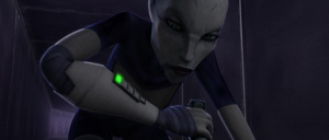 Stealing the trooper's comlink, Ventress cut a hole in one of the vents in the ceiling of the hangar with her lightsabers and proceeded to the Tranquility's engine room.