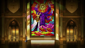 The glass window shows the robed witches are bowing down to Emperor Belos in front of the Titan's hand reaching towards the sun.