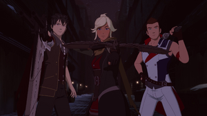 Robyn, Qrow, and Clover facing off against Tyrian Callows.