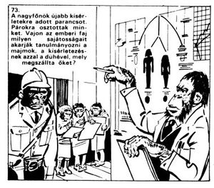 A illustration of Mi Zaïus as a chimpanzee by Erno Zorad for the 1981 Hungarian novel comic adaptation.