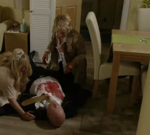 Phil gets shot again - this time by Shirley on his wedding day to Sharon in 2014.