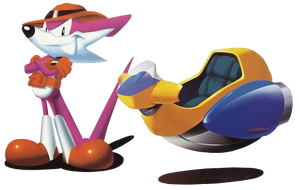 Fang standing next to his aero-bike, the Marvelous Queen, as seen in Sonic Drift 2.
