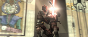 Maul and Vizsla clashing their swords.