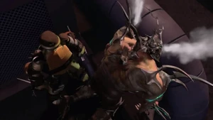 Shredder is briefly knocked out by Raphael.