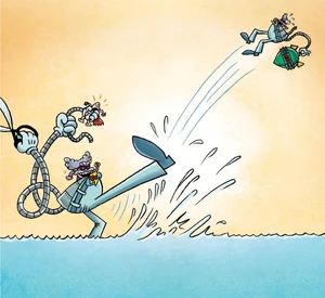 Tippy and his bomb being kicked to Mexico by Supa-Mega Tippy before the bomb detonated and killing himself and the dinosaurs.