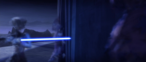 Asajj activates her Jedi lightsaber.