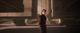 Anakin watches as his former Padawan continues down the Temple steps, and disappears from sight.