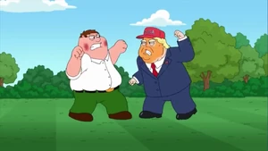 Peter fighting Trump like a Ernie the Giant Chicken.
