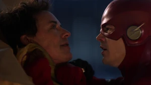 Thawne telling the Flash how to save XS before the latter is erased.