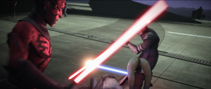 Just as Opress was about to deliver the killing blow, Ertay jumped in the way and blocked the blow with her lightsaber.