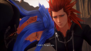 Lea assuring Saïx he did not forget him despite making friends with Roxas and Xion.