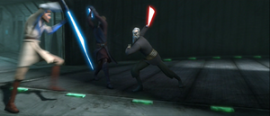 Dooku engaged in a vicious duel with the Jedi.