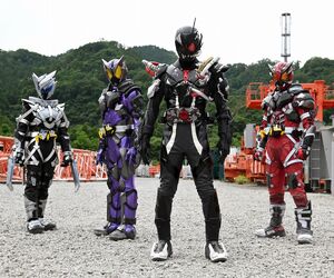 Ark-Zero possessing Jin and standing beside the other MetsubouJinrai.NET Riders.