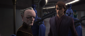 Chancellor Palpatine tells Skywalker that they will watch Clovis closely and hoped that putting him in the spotlight will allow for his true character to be exposed.