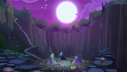 Queen Chrysalis flies away in the night S8E13