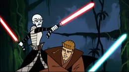 Ventress, an expert fighter who battles using two lightsabers at the same time, proves to be a formidable foe for the young Jedi.