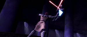 Kenobi was able to block the blows and countered a powerful downward slash from Asajj Ventress.