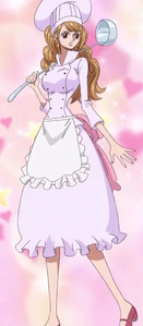 Pudding in her chef outfit.