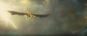 Ghidorah flying down after dropping Godzilla thousands of feet to the ground.