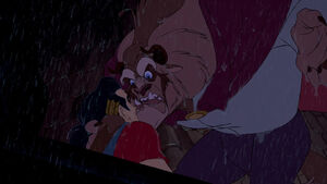 Gaston being ordered an angry Beast to leave the castle and never return.