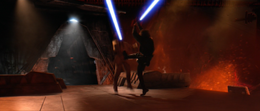 Darth Vader easily held off Obi-Wan's attacks and kicked him soundly in the chest, sending the Jedi flying backwards.