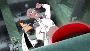 Doofenshmirtz and Killbot watching as Rodney sends the Earth to a perpetual winter.