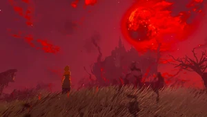 Phantom Ganon, disguised as Zelda, staring in awe at the Blood Moon.