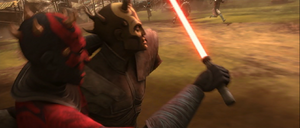 Darth Maul leans on Savage while escaping.