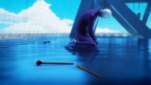 Hawk Moth kneeling in despair as Mayura uses her powers on him.