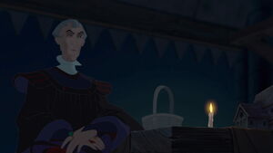 Frollo silently smirks as Quasimodo gets some plates and drinks