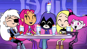 Terra being friends with Starfire, Raven, Jinx, and Ravager.