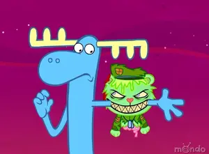 Fliqpy biting Lumpy's left arm.