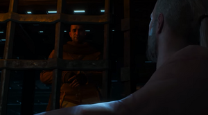 O'Dimm approaching Geralt onboard the ship.