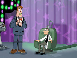 Doofenshmirtz telecasting his backstories (with the help from Norm).