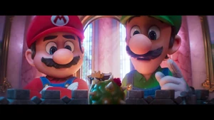 Luigi compliments his painting while Mario insults it.