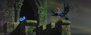 Diablo gets hit by Merryweather's magic before he can alert Maleficent of Phillip's escape.