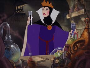 Queen Grimhilde creating a potion to turn herself into an old woman.