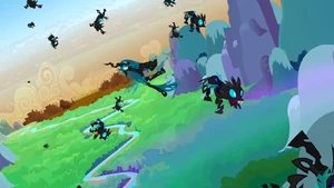 Queen Chrysalis and her minions are defeated as she screams into the distance.