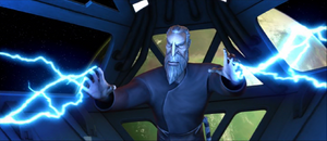 Enraged, Dooku starts angrily electrocuting Opress with Force lightning.