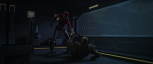 Maul deactivates his lightsaber and helps Savage up.